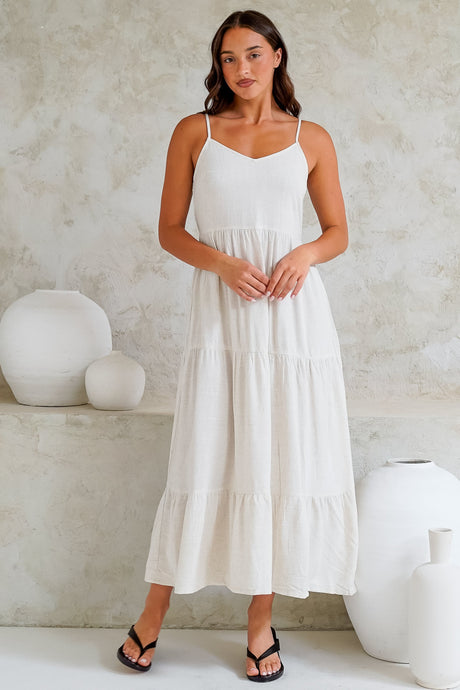 Bounty Maxi Dress - Soft V-Neckline Tiered Linen Dress in Oatmeal