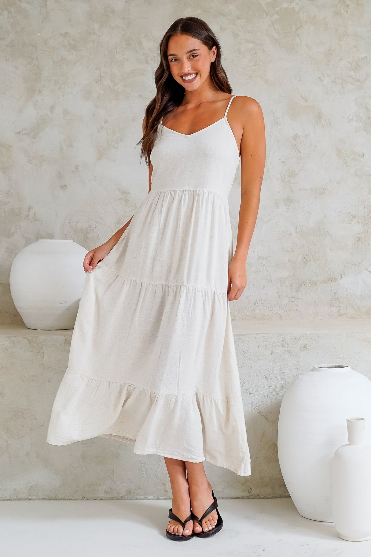 Bounty Maxi Dress - Soft V-Neckline Tiered Linen Dress in Oatmeal