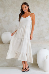 Bounty Maxi Dress - Soft V-Neckline Tiered Linen Dress in Oatmeal