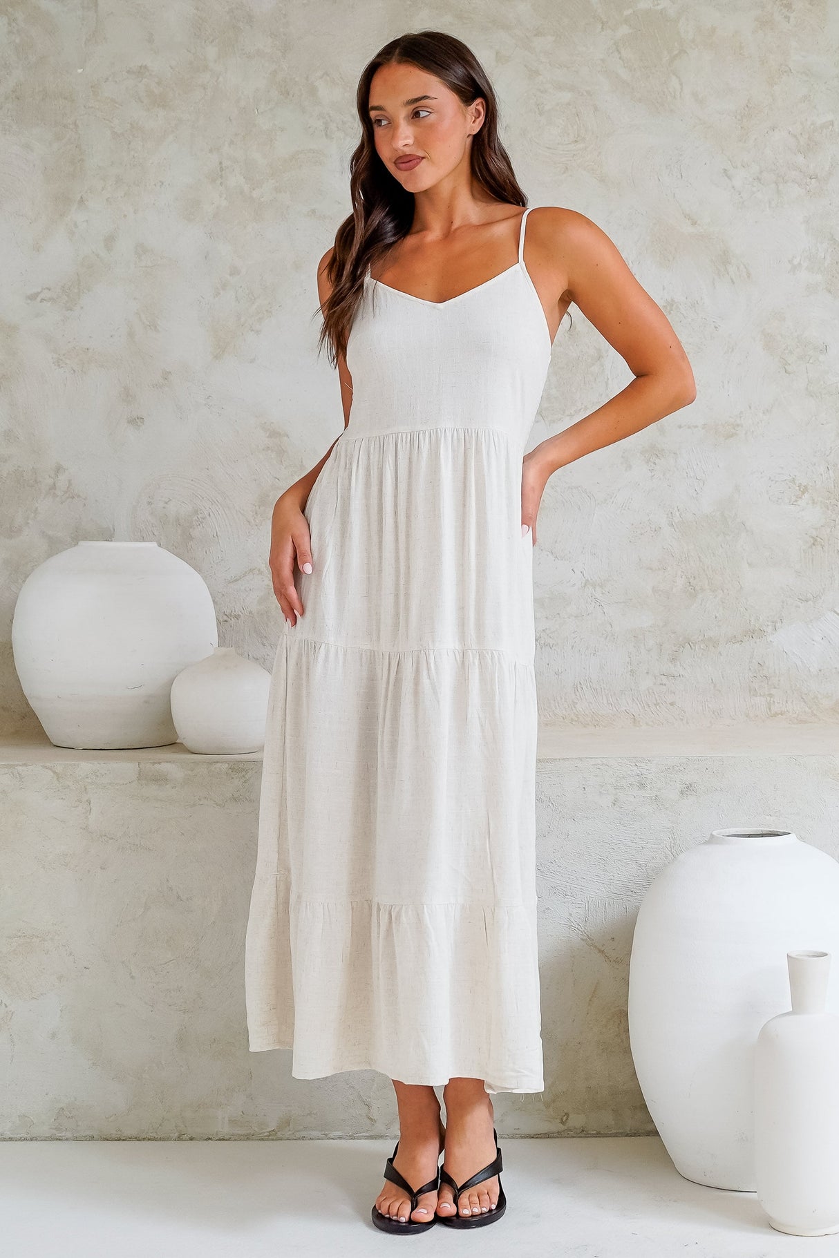 Bounty Maxi Dress - Soft V-Neckline Tiered Linen Dress in Oatmeal