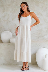 Bounty Maxi Dress - Soft V-Neckline Tiered Linen Dress in Oatmeal