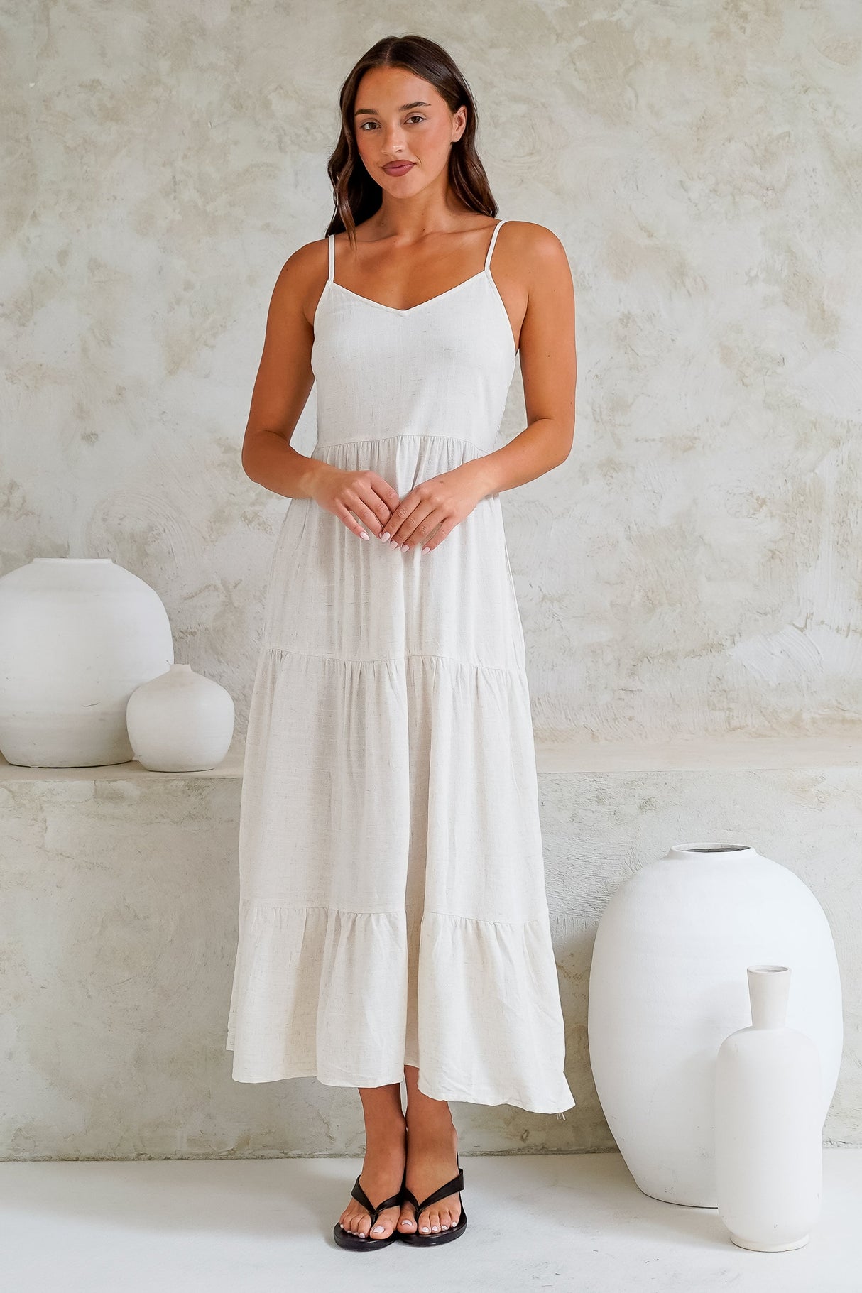Bounty Maxi Dress - Soft V-Neckline Tiered Linen Dress in Oatmeal