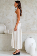 Bounty Maxi Dress - Soft V-Neckline Tiered Linen Dress in Oatmeal