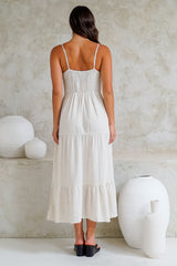 Bounty Maxi Dress - Soft V-Neckline Tiered Linen Dress in Oatmeal
