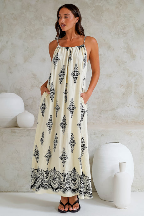 Milani Maxi Dress - Adjustable Halter Neck Sun Dress in Lannie Print White