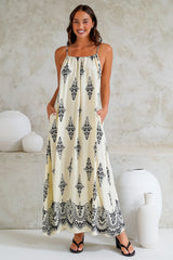 Milani Maxi Dress - Adjustable Halter Neck Sun Dress in Lannie Print White