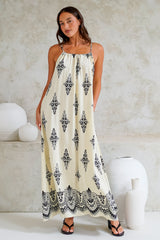 Milani Maxi Dress - Adjustable Halter Neck Sun Dress in Lannie Print White