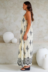 Milani Maxi Dress - Adjustable Halter Neck Sun Dress in Lannie Print White
