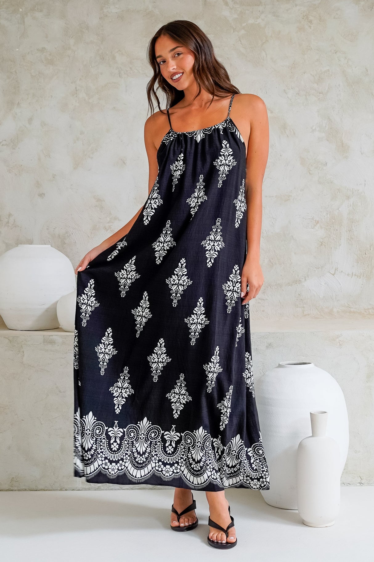 Milani Maxi Dress - Adjustable Halter Neck Sun Dress in Lannie Print Black
