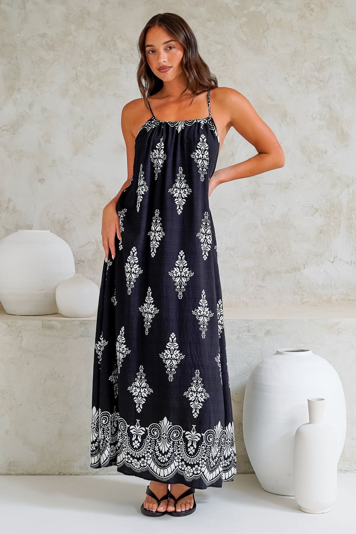 Milani Maxi Dress - Adjustable Halter Neck Sun Dress in Lannie Print Black