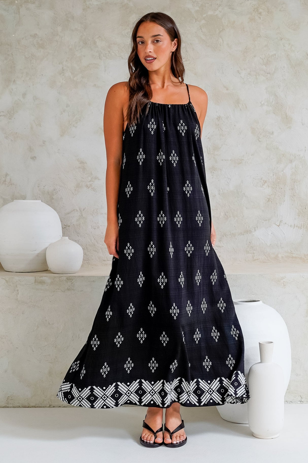 Milani Maxi Dress - Adjustable Halter Neck Sun Dress in Fresca Print Black