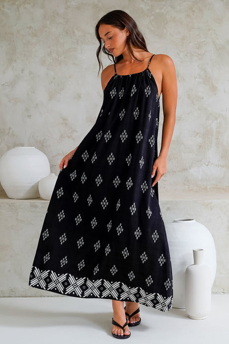 Milani Maxi Dress - Adjustable Halter Neck Sun Dress in Fresca Print Black