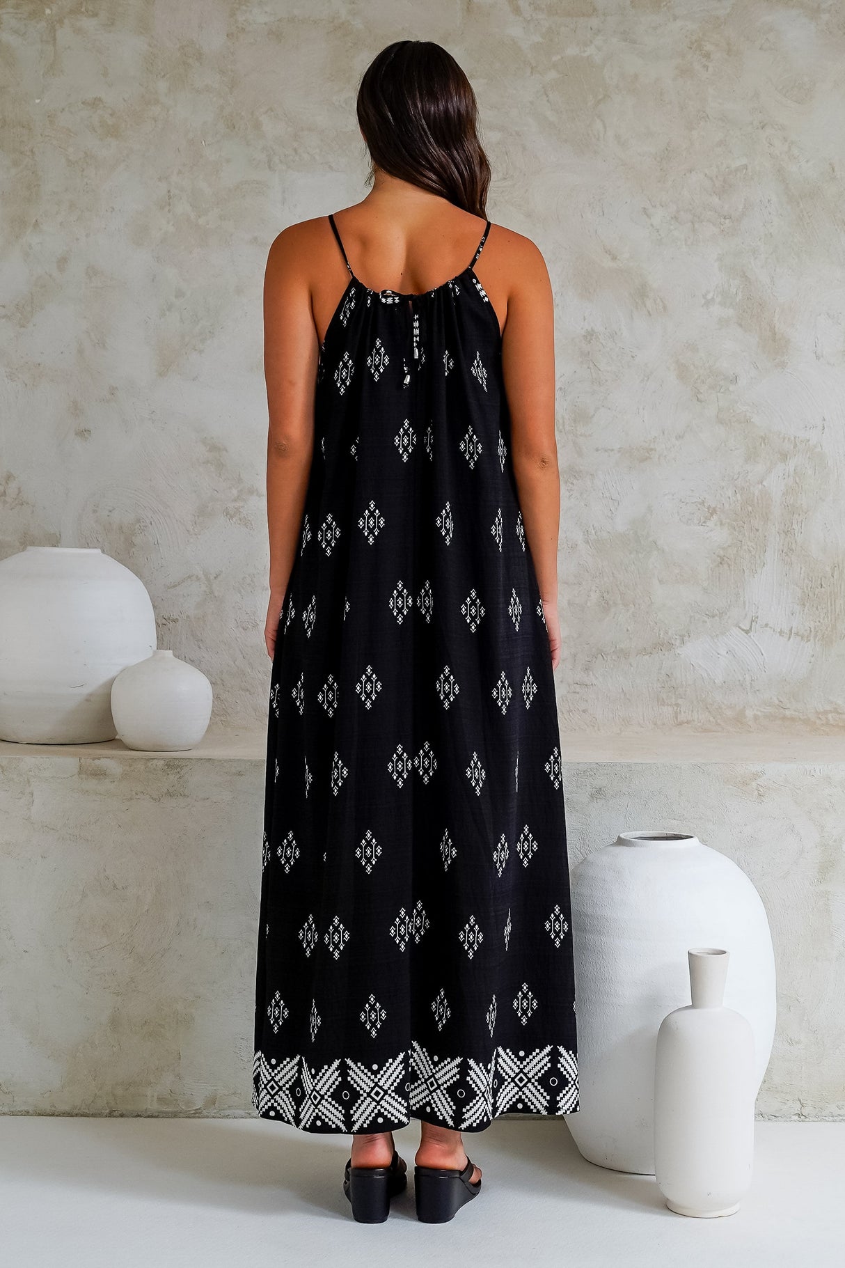 Milani Maxi Dress - Adjustable Halter Neck Sun Dress in Fresca Print Black