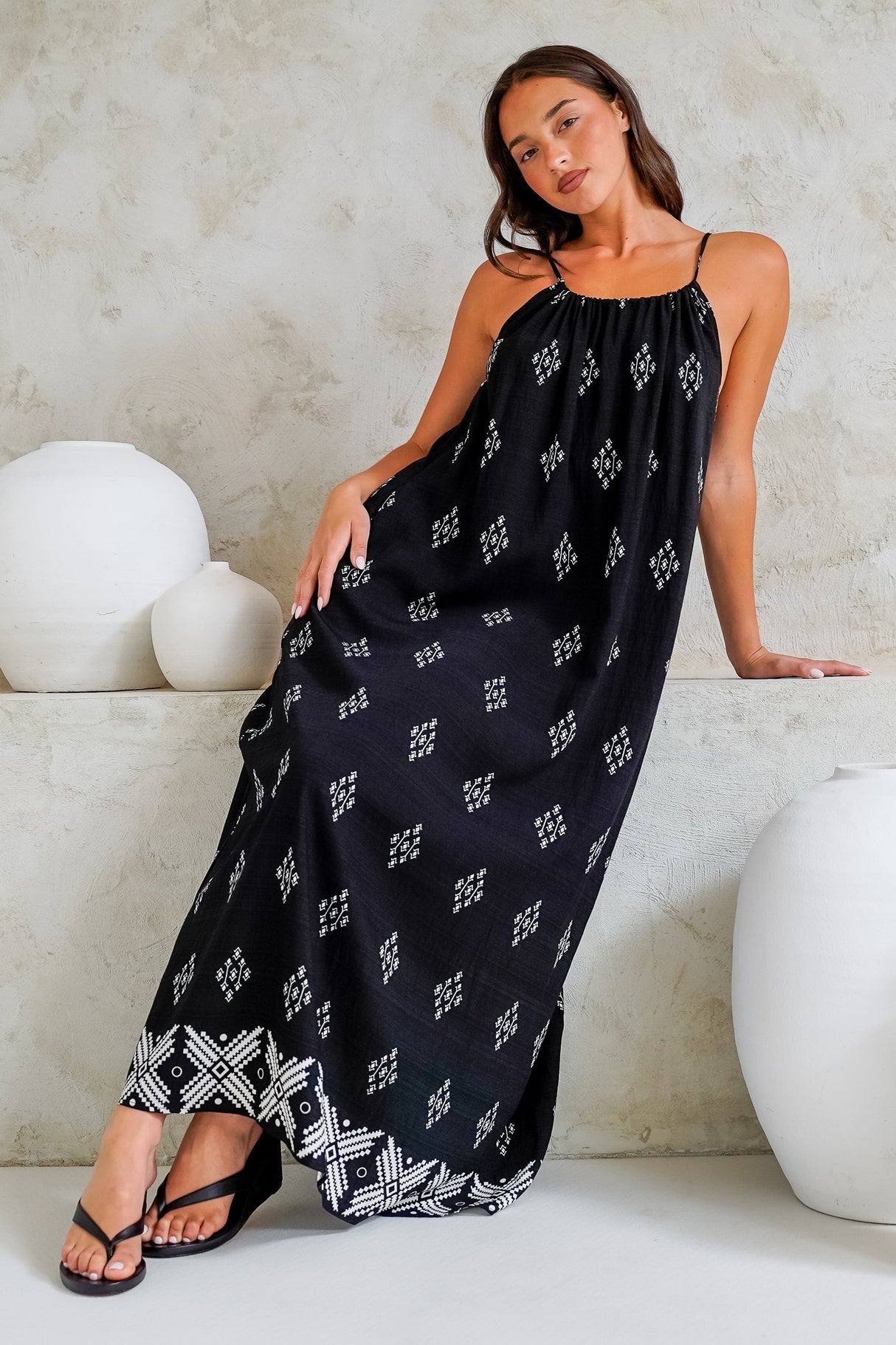 Milani Maxi Dress - Adjustable Halter Neck Sun Dress in Fresca Print Black