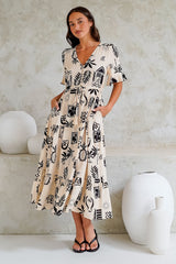 Jackson Midi Dress -- Pull Tie Waist A-Line Dress with Ruffle Trim Sleeves in Beylon Print
