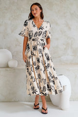 Jackson Midi Dress -- Pull Tie Waist A-Line Dress with Ruffle Trim Sleeves in Beylon Print