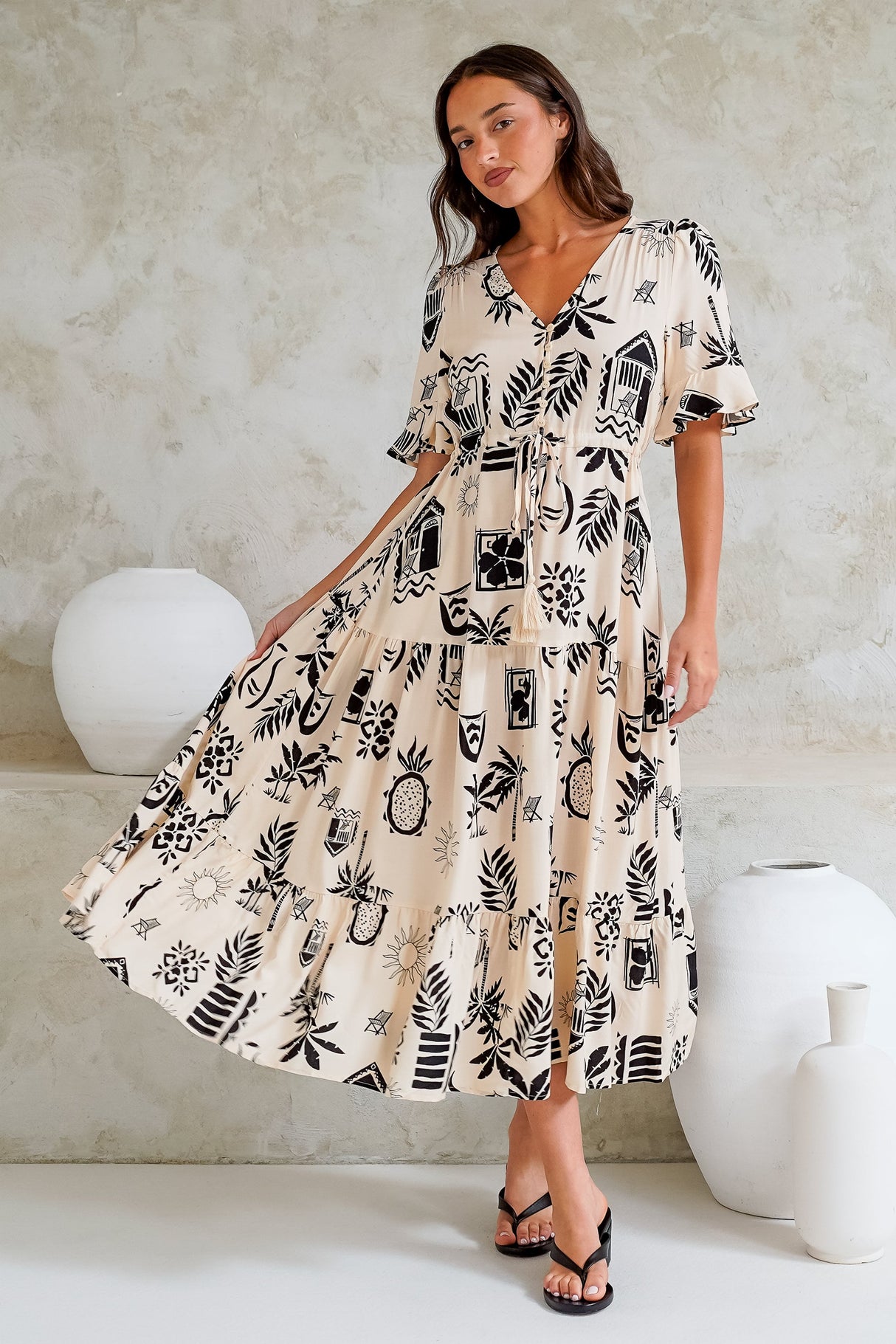 Jackson Midi Dress -- Pull Tie Waist A-Line Dress with Ruffle Trim Sleeves in Beylon Print