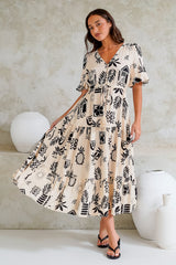 Jackson Midi Dress -- Pull Tie Waist A-Line Dress with Ruffle Trim Sleeves in Beylon Print