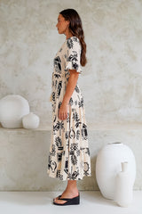 Jackson Midi Dress -- Pull Tie Waist A-Line Dress with Ruffle Trim Sleeves in Beylon Print