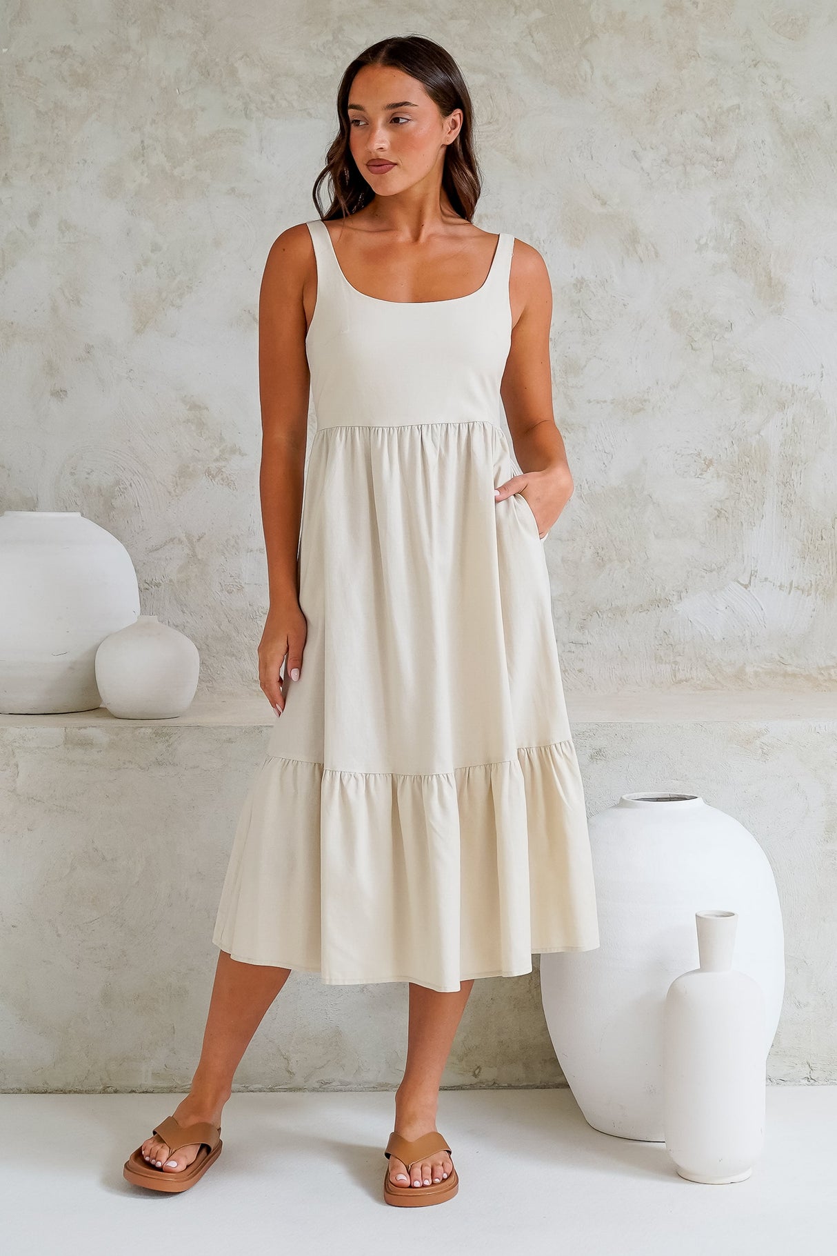 Hera Midi Dress - Scoop Neck Adjustable Strap Tiered Dress with Pockets in Beige