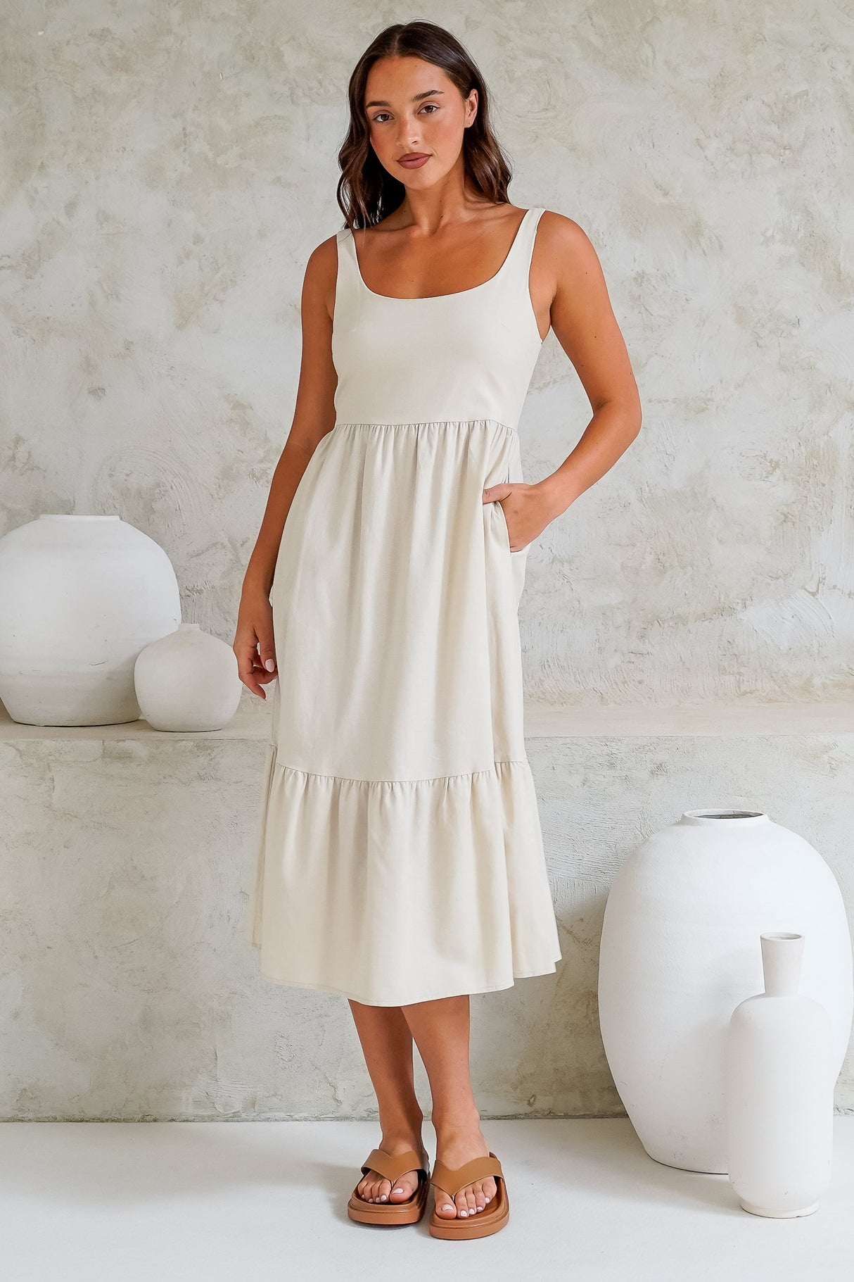 Hera Midi Dress - Scoop Neck Adjustable Strap Tiered Dress with Pockets in Beige