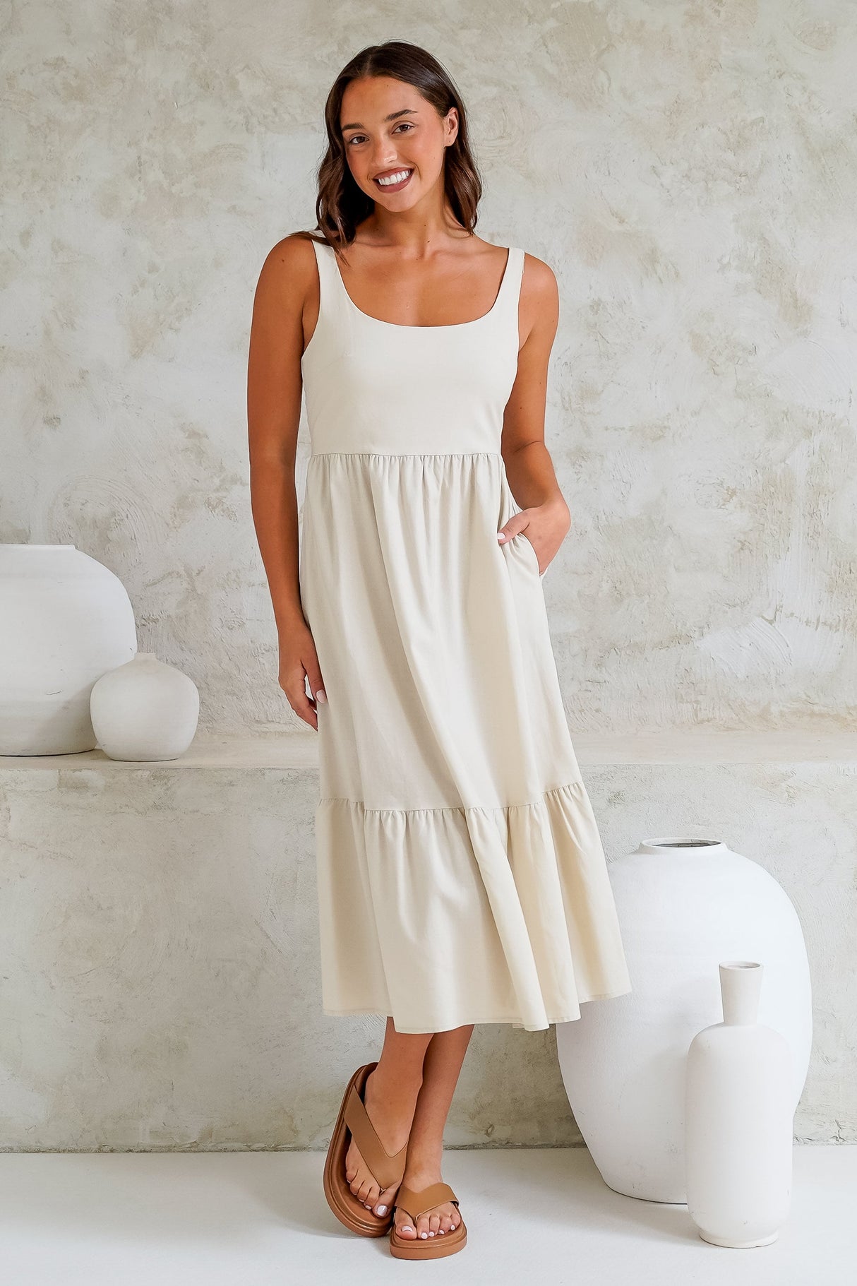 Hera Midi Dress - Scoop Neck Adjustable Strap Tiered Dress with Pockets in Beige