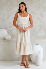 Hera Midi Dress - Scoop Neck Adjustable Strap Tiered Dress with Pockets in Beige