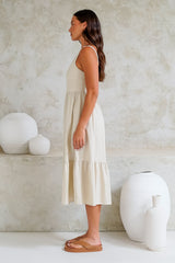 Hera Midi Dress - Scoop Neck Adjustable Strap Tiered Dress with Pockets in Beige