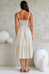 Hera Midi Dress - Scoop Neck Adjustable Strap Tiered Dress with Pockets in Beige