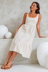 Hera Midi Dress - Scoop Neck Adjustable Strap Tiered Dress with Pockets in Beige