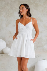 Tennesee Mini Dress - Spaghetti Strap A-Line Sun Dress with Hollow Out Floral Overlay in White