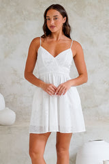 Tennesee Mini Dress - Spaghetti Strap A-Line Sun Dress with Hollow Out Floral Overlay in White
