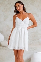 Tennesee Mini Dress - Spaghetti Strap A-Line Sun Dress with Hollow Out Floral Overlay in White