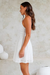 Tennesee Mini Dress - Spaghetti Strap A-Line Sun Dress with Hollow Out Floral Overlay in White