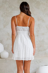 Tennesee Mini Dress - Spaghetti Strap A-Line Sun Dress with Hollow Out Floral Overlay in White
