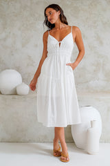 Eisley Midi Dress - Textured A-Line Sun Dress with Tie at Bust in White