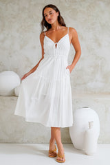 Eisley Midi Dress - Textured A-Line Sun Dress with Tie at Bust in White