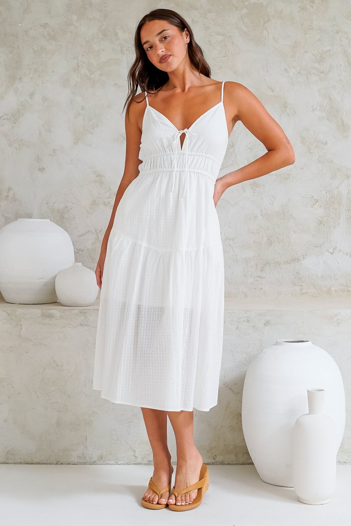 Eisley Midi Dress - Textured A-Line Sun Dress with Tie at Bust in White