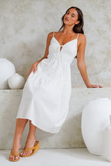 Eisley Midi Dress - Textured A-Line Sun Dress with Tie at Bust in White