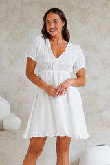 Roma Mini Dress - Puff Sleeve A-Line Dress with Ruffle Hemline in White