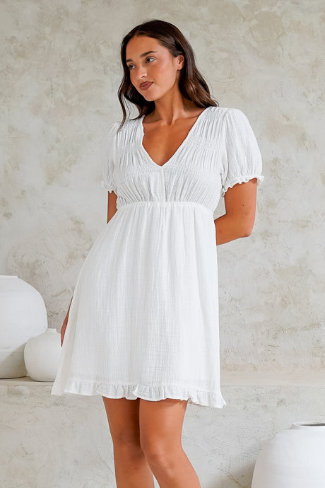 Roma Mini Dress - Puff Sleeve A-Line Dress with Ruffle Hemline in White