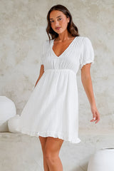 Roma Mini Dress - Puff Sleeve A-Line Dress with Ruffle Hemline in White