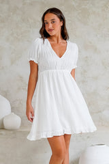 Roma Mini Dress - Puff Sleeve A-Line Dress with Ruffle Hemline in White