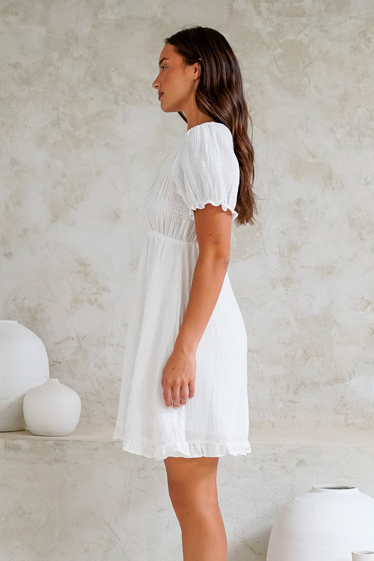 Roma Mini Dress - Puff Sleeve A-Line Dress with Ruffle Hemline in White