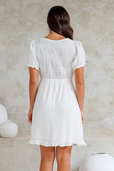 Roma Mini Dress - Puff Sleeve A-Line Dress with Ruffle Hemline in White