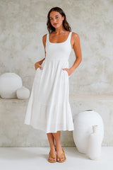 Hera Midi Dress - Scoop Neck Adjustable Strap Tiered Dress with Pockets in White