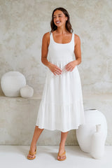Hera Midi Dress - Scoop Neck Adjustable Strap Tiered Dress with Pockets in White