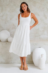 Hera Midi Dress - Scoop Neck Adjustable Strap Tiered Dress with Pockets in White