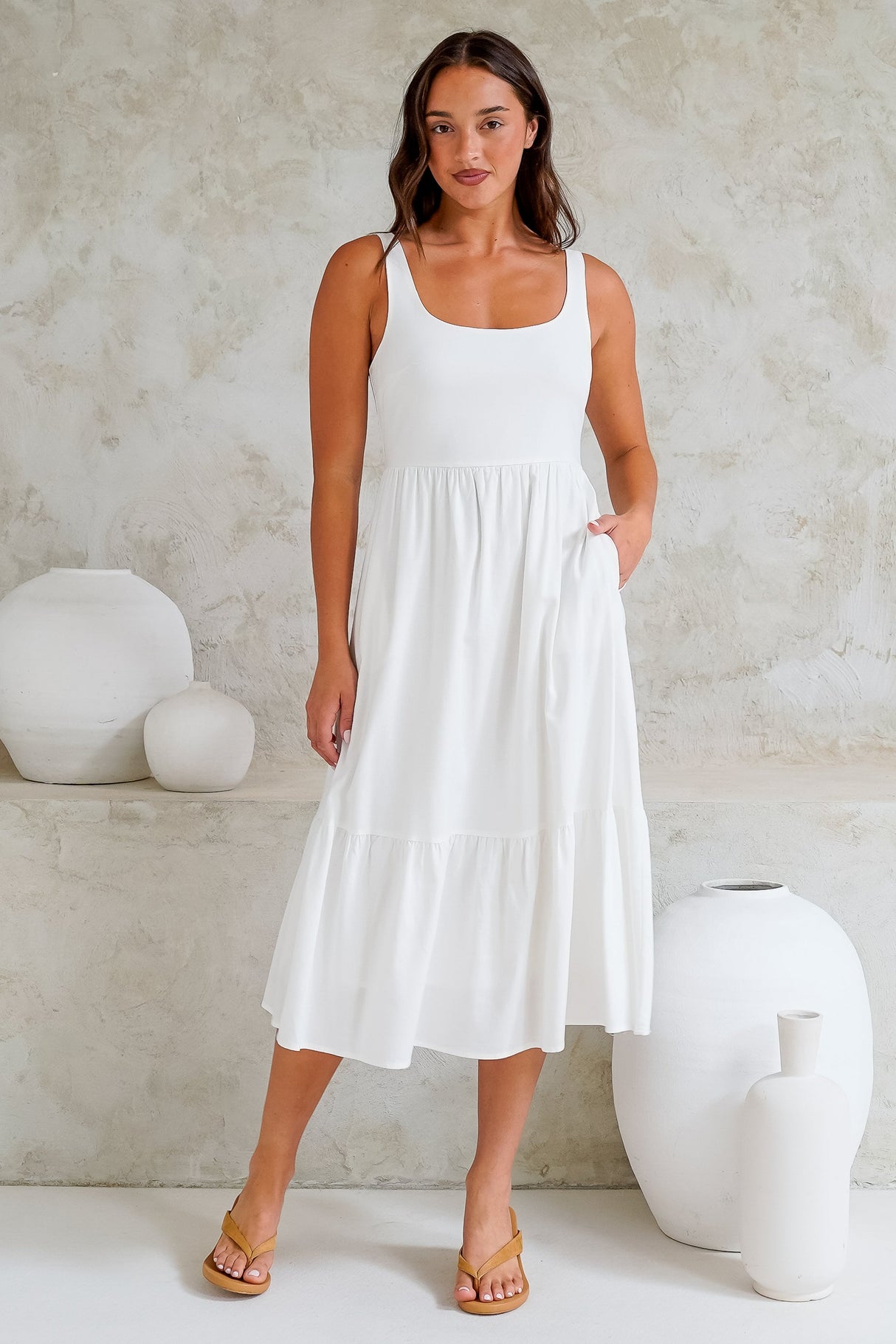 Hera Midi Dress - Scoop Neck Adjustable Strap Tiered Dress with Pockets in White