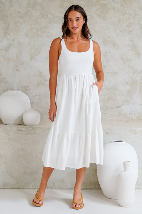 Hera Midi Dress - Scoop Neck Adjustable Strap Tiered Dress with Pockets in White